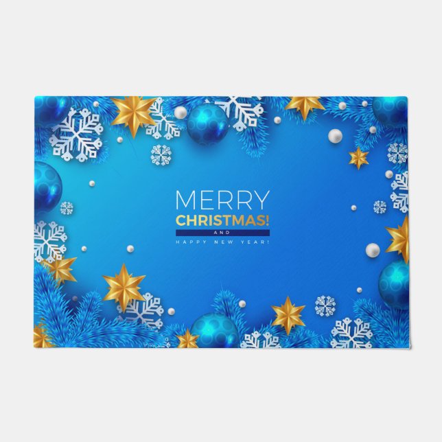 Merry Christmas Ornaments golden stars Blue Doormat (Front)