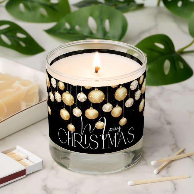 Merry Christmas Ornaments on Black Scented Candle (Lit)