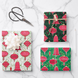 Merry Christmas Ornaments With Pine Branches Holly Wrapping Paper Sheets
