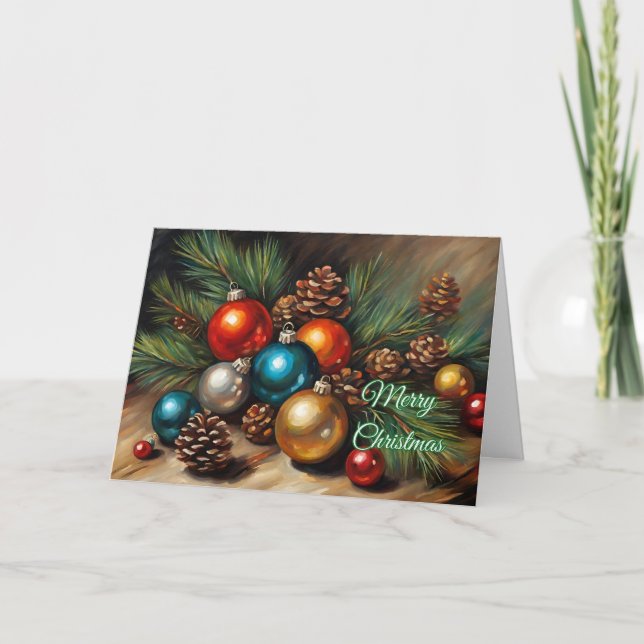 Merry Christmas Ornaments with Pinecones  Holiday Card (Front)
