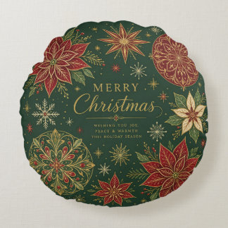 Merry Christmas Ornate Poinsettia Mandala Round Pillow