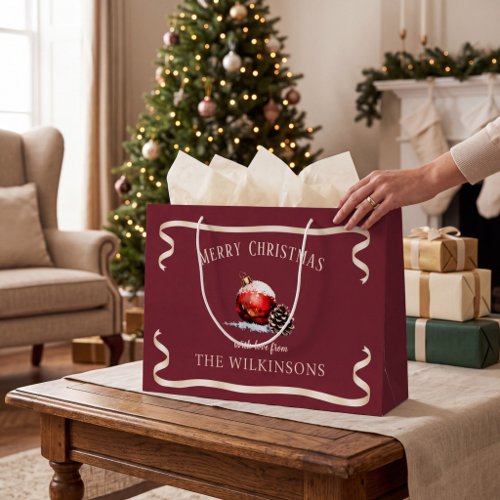 Merry Christmas Ornate Red Bauble Pinecone Rustic  Large Gift Bag