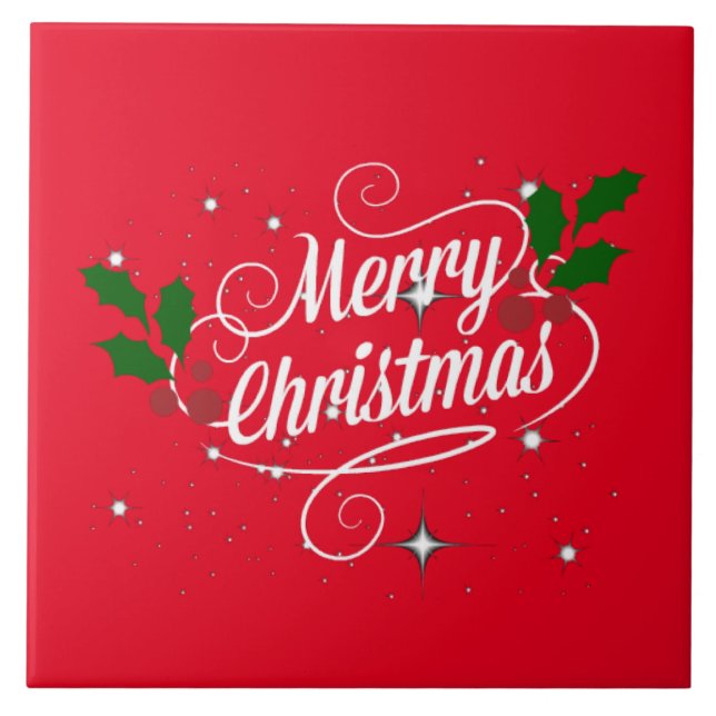 Merry Christmas Ornate Script Ceramic Tile (Front)