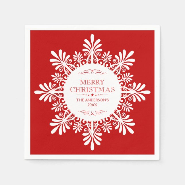 Merry Christmas Ornate White Snowflake Napkins (Front)