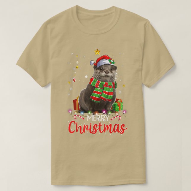 Merry Christmas Otter Santa Hat Tree Lights Pajama T-Shirt (Design Front)