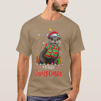 Merry Christmas Otter Santa Hat Tree Lights Pajama T-Shirt