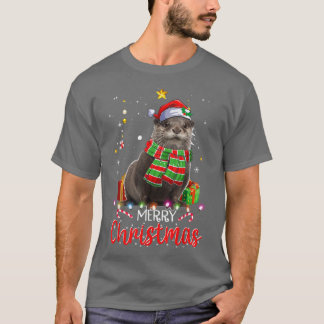 Merry Christmas Otter Santa Hat Tree Lights Pajama T-Shirt