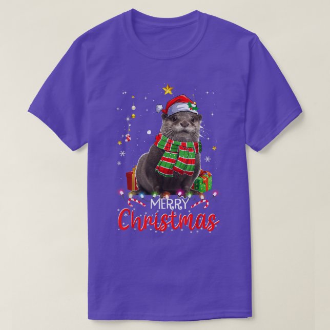Merry Christmas Otter Santa Hat Tree Lights Pajama T-Shirt (Design Front)