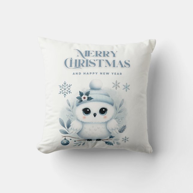 Merry Christmas Owl Throw Pillow (Front)