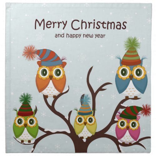 Merry Christmas Owls on the Tree Cloth Napkin