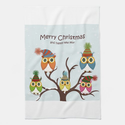 Merry Christmas Owls on the Tree Kitchen Towel