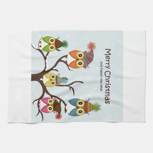 Merry Christmas Owls on the Tree Kitchen Towel (Horizontal)