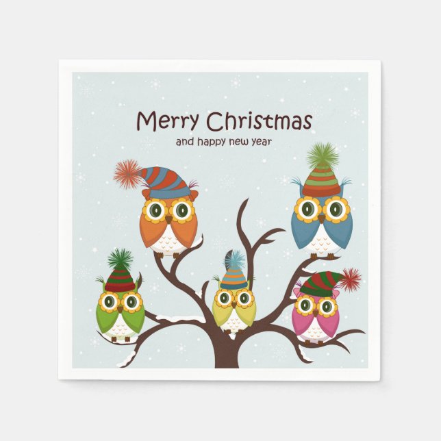 Merry Christmas Owls on the Tree Paper Napkin (Front)