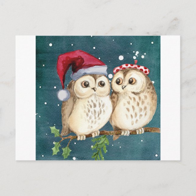 Merry Christmas Owls Watercolor Card Winter Snow (Front)