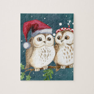 Merry Christmas Owls Watercolor Card Winter Snow Jigsaw Puzzle