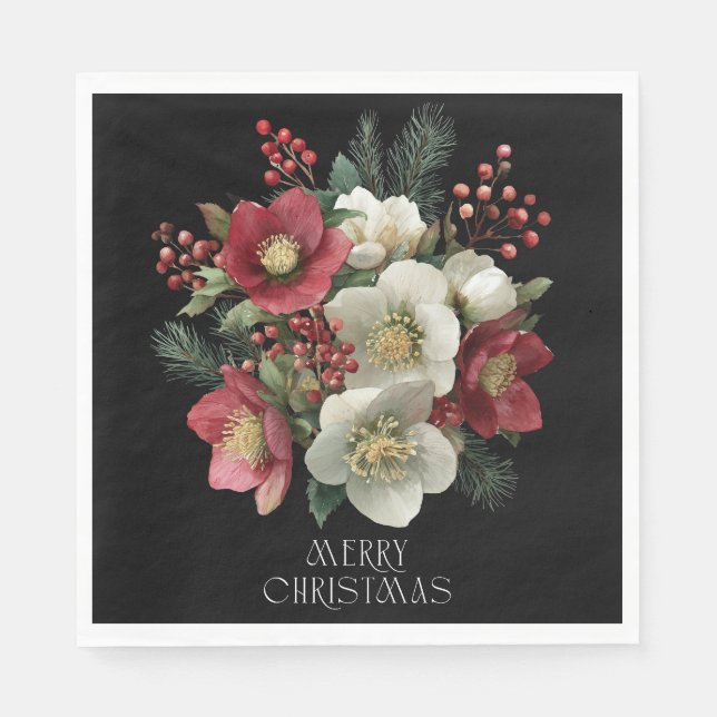 Merry Christmas Painterly Hellebore Holiday Design Napkins (Front)