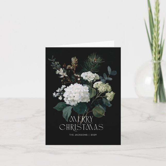 Merry Christmas Painterly Hydrangea Holiday Design Card (Front)