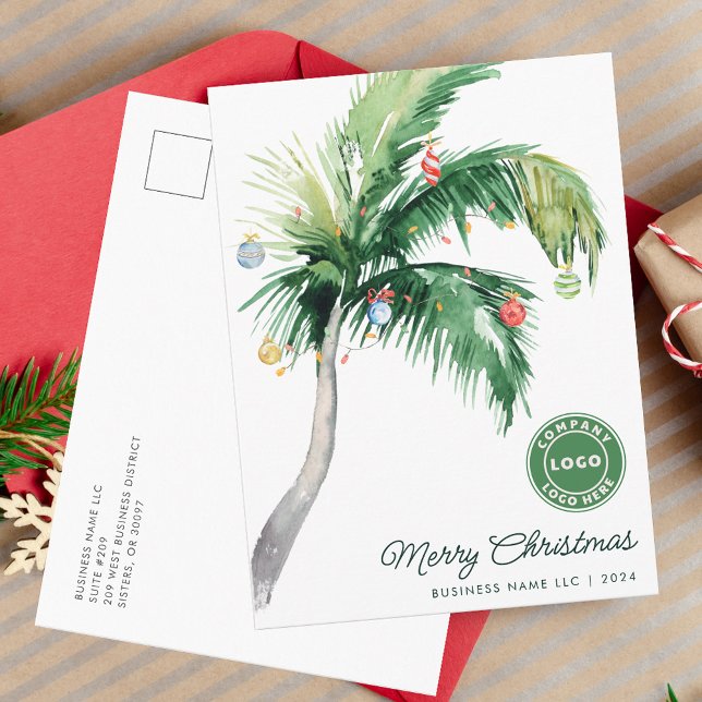 Merry Christmas Palm Tree Coastal Business Logo Holiday Postcard (Business Logo Palm Tree Christmas Company Greeting Postcard)