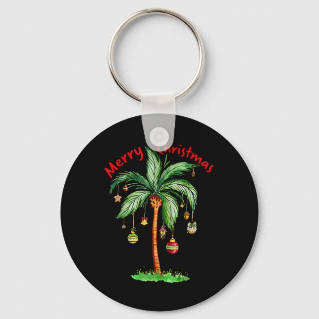 Merry Christmas Palm Tree Hawaii Hawaiian Tropical Keychain (Front)