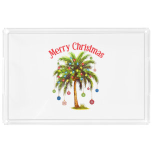 Merry Christmas Palm Tree Light Hawaiian Tropical  Acrylic Tray