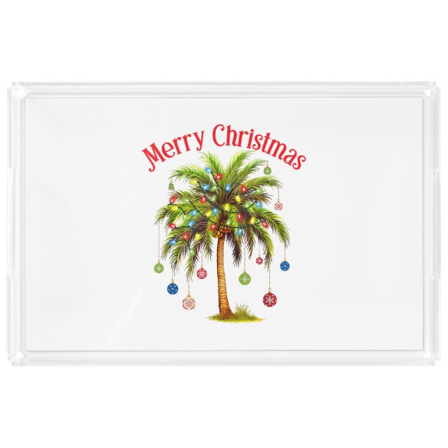 Merry Christmas Palm Tree Light Hawaiian Tropical  Acrylic Tray (Front)