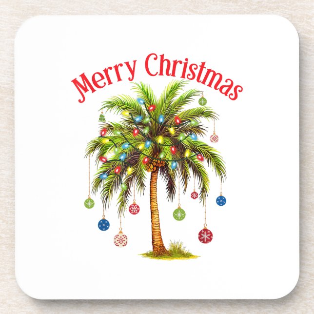 Merry Christmas Palm Tree Light Hawaiian Tropical  Beverage Coaster (Front)