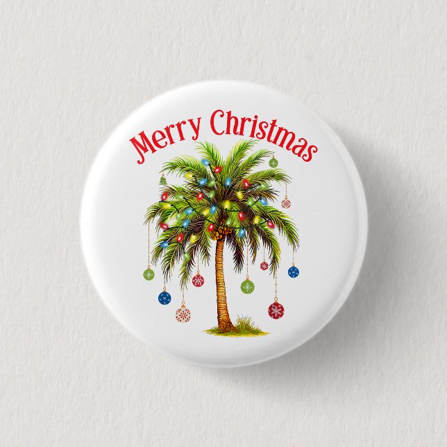 Merry Christmas Palm Tree Light Hawaiian Tropical  Button (Front)