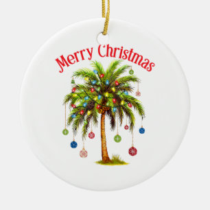 Merry Christmas Palm Tree Light Hawaiian Tropical Ceramic Ornament