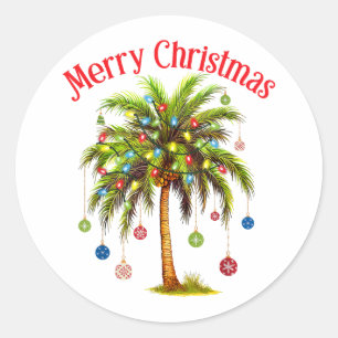 Merry Christmas Palm Tree Light Hawaiian Tropical Classic Round Sticker