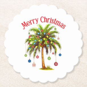 Merry Christmas Palm Tree Light Hawaiian Tropical  Paper Coaster