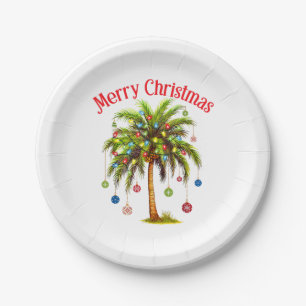 Merry Christmas Palm Tree Light Hawaiian Tropical  Paper Plates