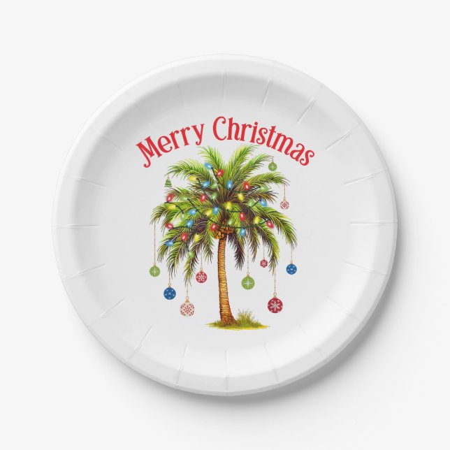 Merry Christmas Palm Tree Light Hawaiian Tropical  Paper Plates (Front)