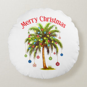Merry Christmas Palm Tree Light Hawaiian Tropical Round Pillow