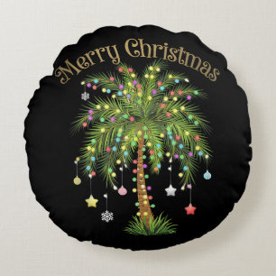 Merry Christmas Palm Tree Light Hawaiian Tropical Round Pillow