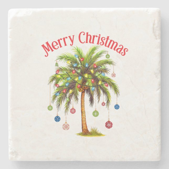 Merry Christmas Palm Tree Light Hawaiian Tropical  Stone Coaster (Front)