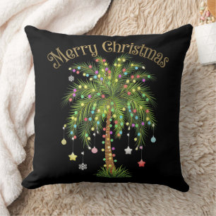 Merry Christmas Palm Tree Light Hawaiian Tropical Throw Pillow