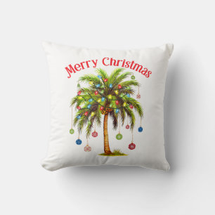 Merry Christmas Palm Tree Light Hawaiian Tropical Throw Pillow
