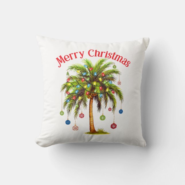 Merry Christmas Palm Tree Light Hawaiian Tropical  Throw Pillow (Front)