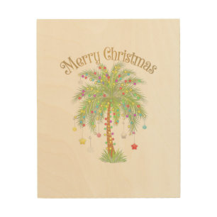 Merry Christmas Palm Tree Light New Year Tropical Wood Wall Art