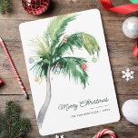 Merry Christmas Palm Tree Tropical Coast Holiday Card<br><div class="desc">A modern stylish holiday flat greeting card with modern and handwritten script typography featuring a decorated Palm Tree. Easily customize this card by clicking the "Personalize" button.</div>