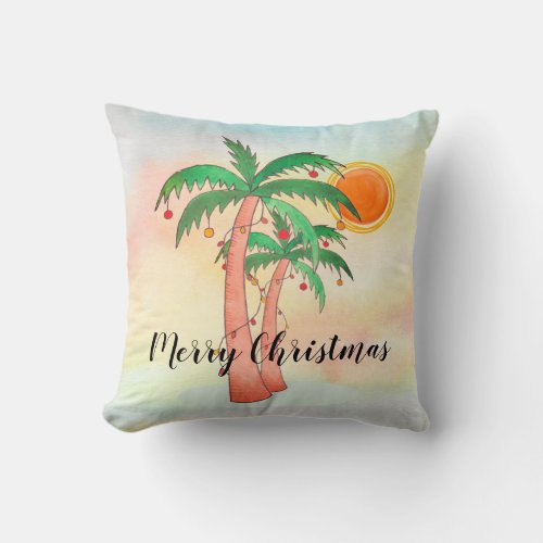Merry Christmas Palm Trees Colorful Throw Pillow