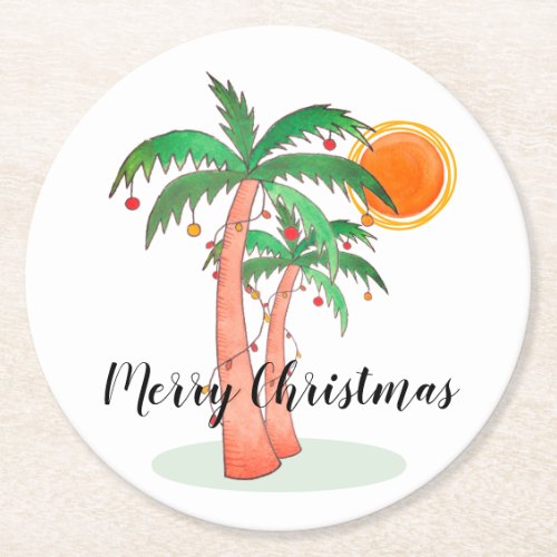 Merry Christmas Palm Trees Round Paper Coaster