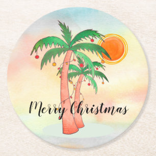 Merry Christmas Palm Trees Warwecolor Round Paper Coaster