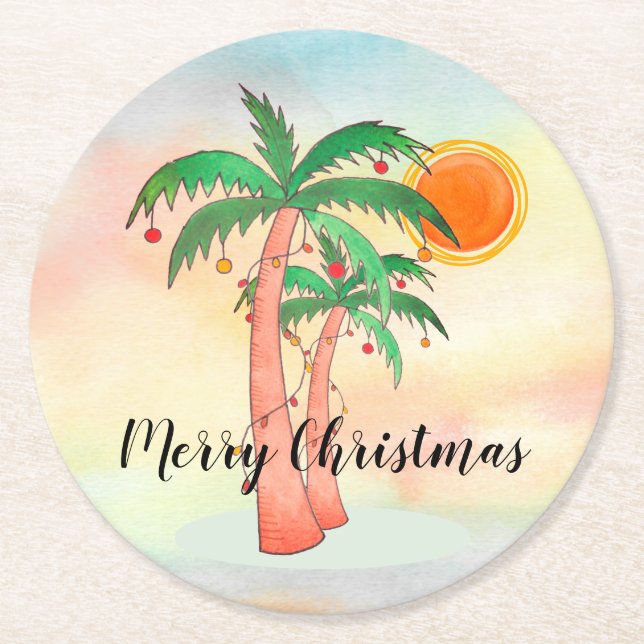Merry Christmas Palm Trees Warwecolor Round Paper Coaster (Front)