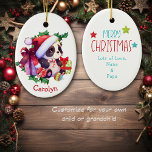 Merry Christmas Panda Bear Kids Christmas Ceramic Ornament<br><div class="desc">On the front of this cute keepsake ceramic ornament for a child is an adorable little panda bear wearing a Santa hat. He holds a striped candy cane and is surrounded by brightly wrapped gift packages and holly. Your child's name is at the bottom. The back of the ornament has...</div>