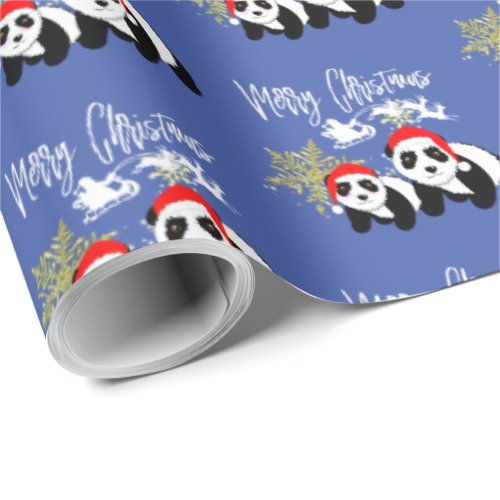 Merry Christmas Panda Bears Snowflake Cute Pattern Wrapping Paper