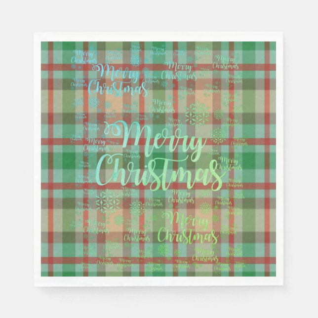 Merry Christmas Paper Napkins, Green & Red Plaid  Napkins (Front)