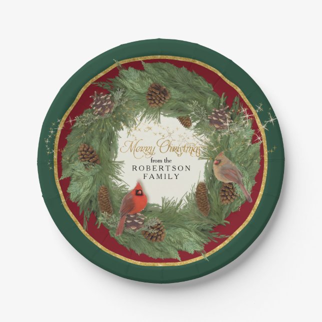 Merry Christmas Party Cardinals Pine Cone Wreath Paper Plates (Front)