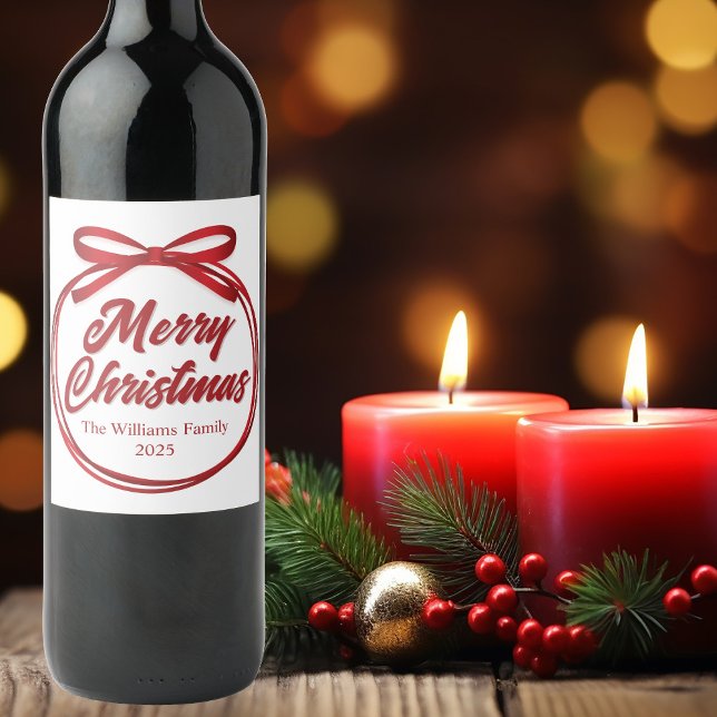 Merry Christmas Party Chic Custom Red Script Wine Label (Creator Uploaded)