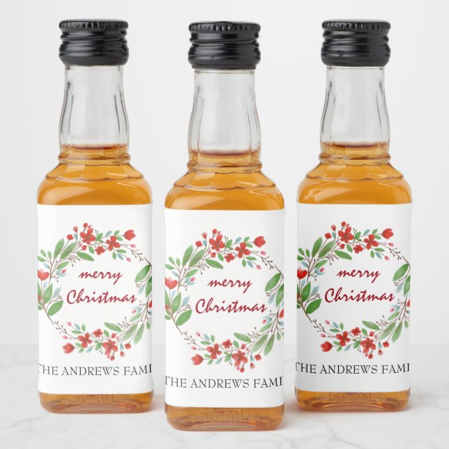 Merry Christmas Party Greenery Red Wreath  Liquor Bottle Label (Bottles)